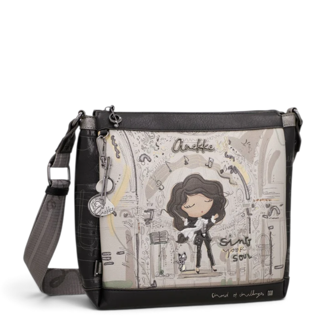 ada-shoes.ro Anekke crossbody bag with artistic print, adjustable strap, and three compartments in grey and cream.