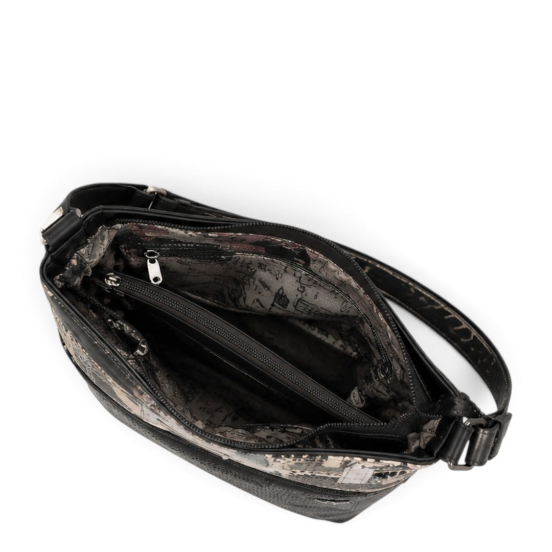 ada-shoes.ro Anekke crossbody bag interior view showing zippered compartments and patterned lining in black and brown