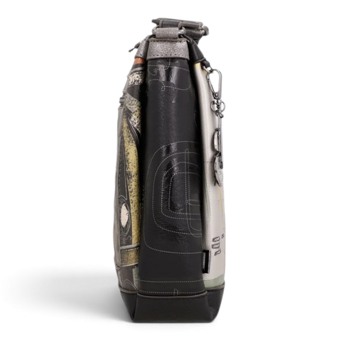 ada-shoes.ro Anekke crossbody bag with artistic print, side view showing three compartments and adjustable strap.