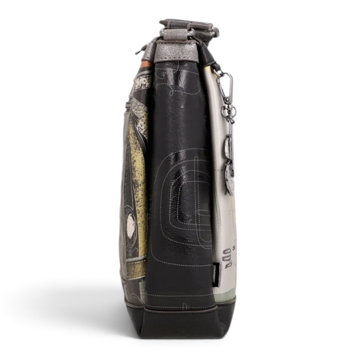 ada-shoes.ro Anekke crossbody bag with artistic print, side view showing three compartments and adjustable strap.