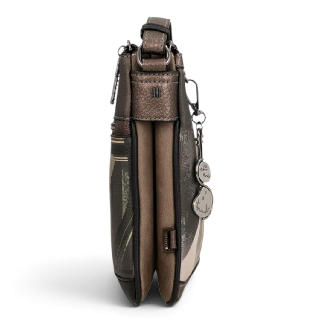ada-shoes.ro Anekke Orchestra crossbody bag in metallic bronze tones with side view showing zip compartments