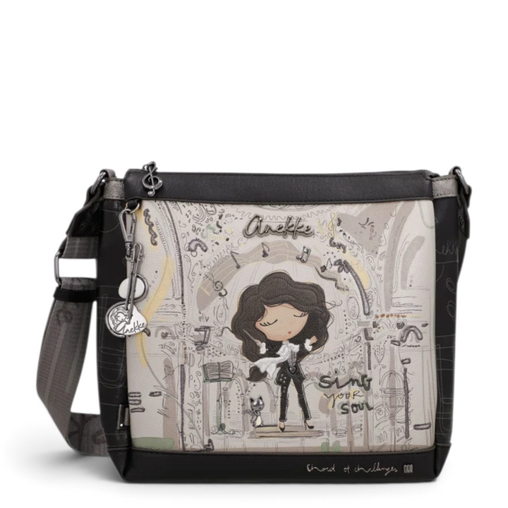 ada-shoes.ro Anekke crossbody bag with artistic print, adjustable strap, and decorative musical-themed charms.