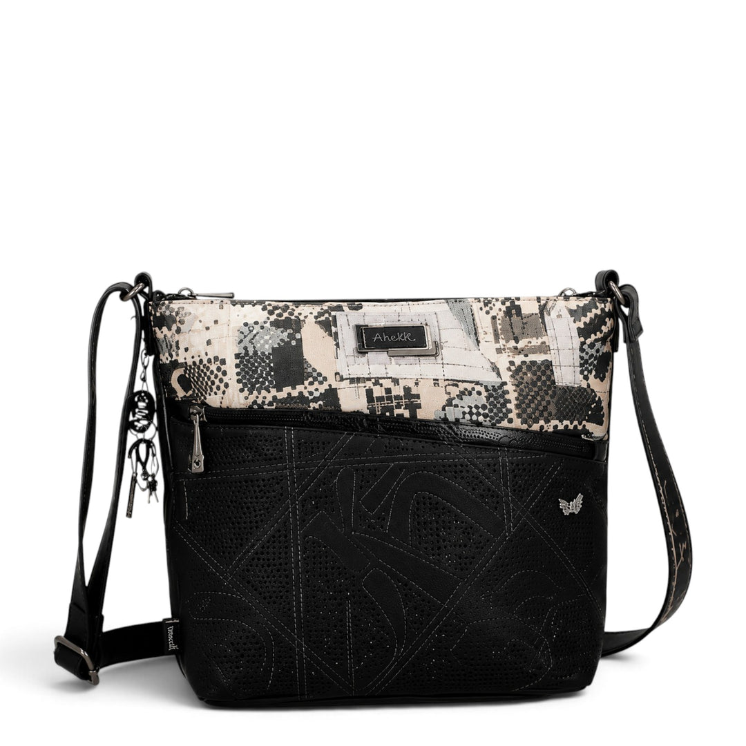 ada-shoes.ro Anekke crossbody bag in black and beige with patterned panels, adjustable strap, and metal logo detail.
