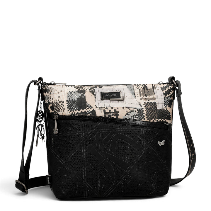 ada-shoes.ro Anekke crossbody bag in black and beige with patterned panels, adjustable strap, and metal logo detail.