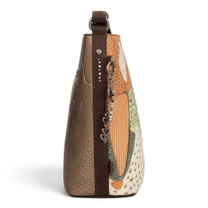 ada-shoes.ro Anekke crossbody bag with a multi-colored full print design, brown side panel, and decorative charm.