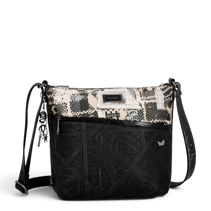 ada-shoes.ro Anekke crossbody bag in black and patterned synthetic leather with adjustable strap and zip closure