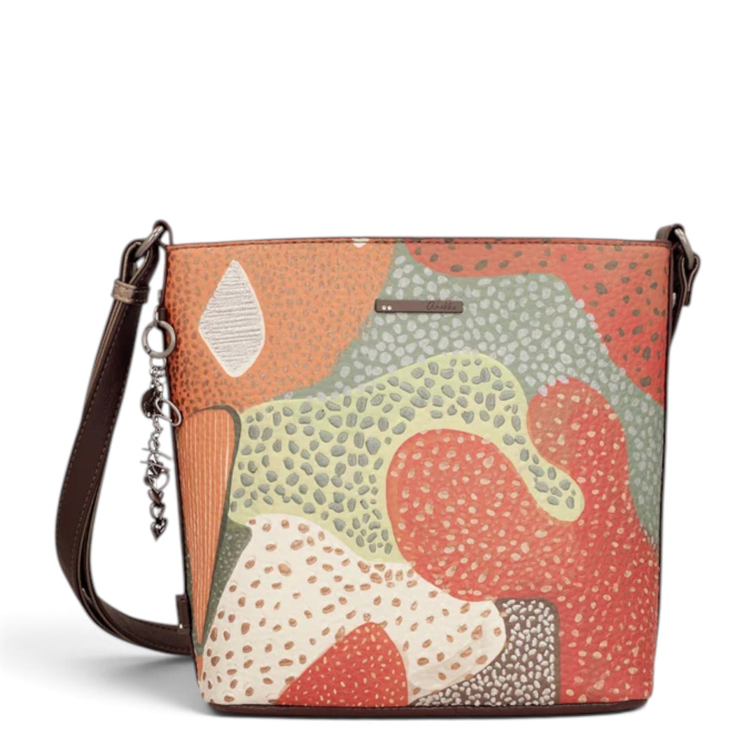 ada-shoes.ro Anekke crossbody bag with a colorful abstract full print design, adjustable strap, and zipper closure.