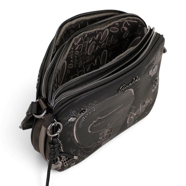 ada-shoes.ro Anekke crossbody bag in dark grey with three zippered compartments and decorative metallic details.
