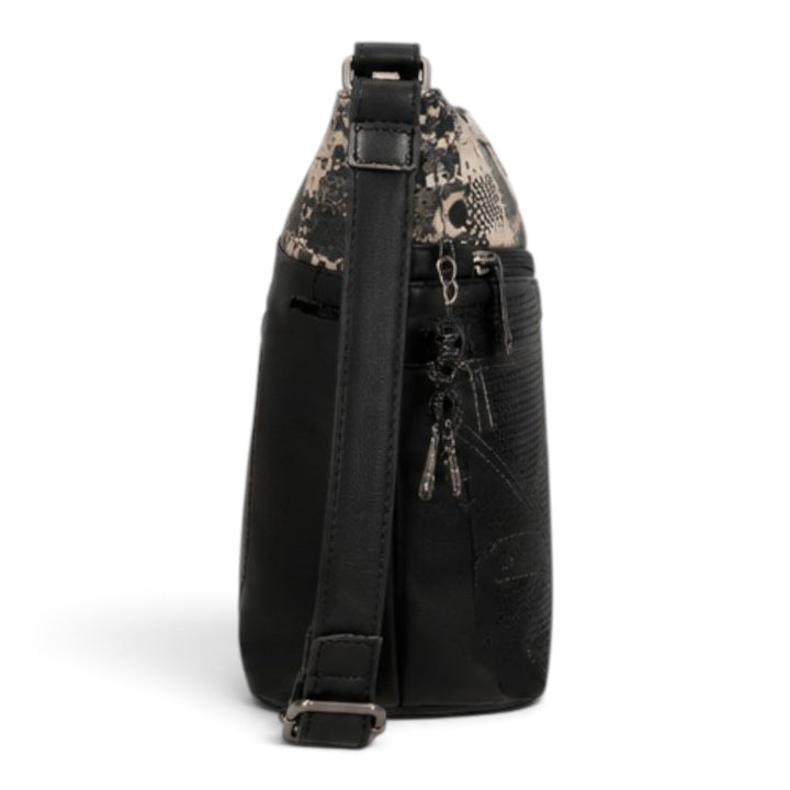 ada-shoes.ro Anekke crossbody bag in black and brown with adjustable strap and side view showing textured details