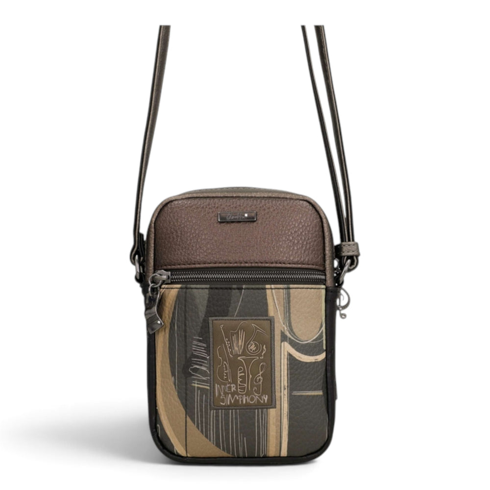 ada-shoes.ro Anekke crossbody bag in brown and olive green with artistic print, adjustable strap, and zip closure.