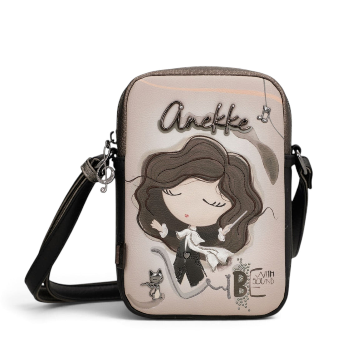ada-shoes.ro Anekke crossbody bag in beige with artistic character illustration, adjustable strap, and zip closure.