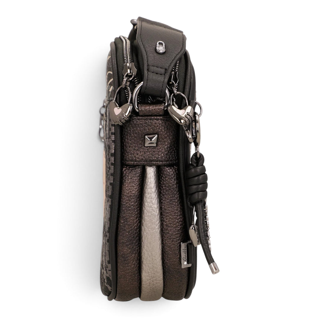 ada-shoes.ro Anekke crossbody bag in dark metallic tones with three zippered compartments and decorative charms