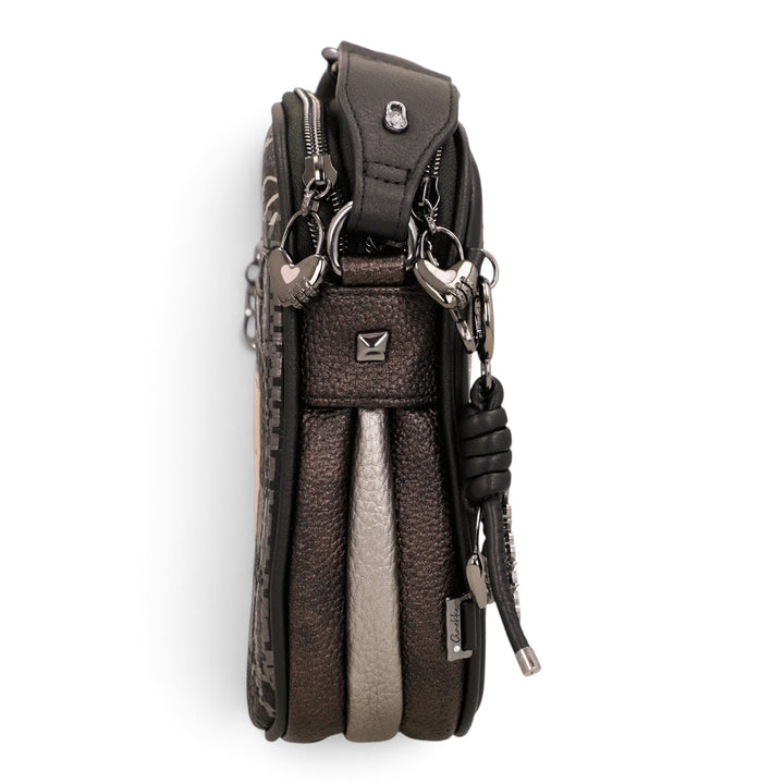 ada-shoes.ro Anekke crossbody bag in dark metallic tones with three zippered compartments and decorative charms