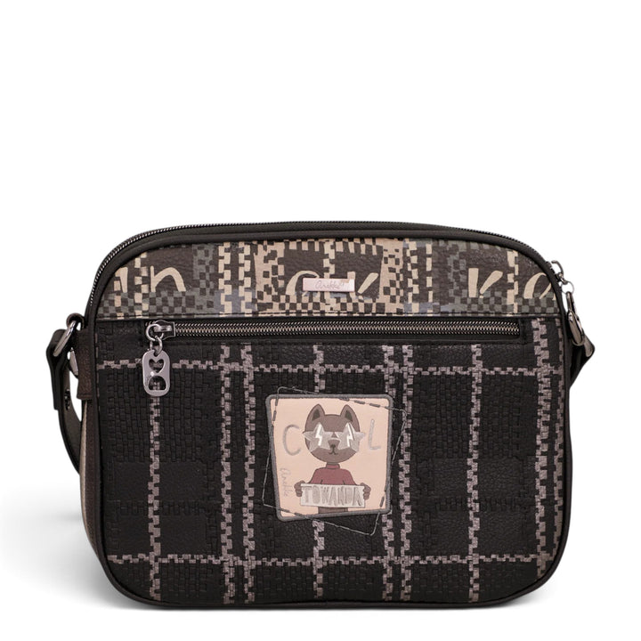 ada-shoes.ro Anekke crossbody bag in dark tones with a plaid pattern, decorative cat patch, and three zip pockets.