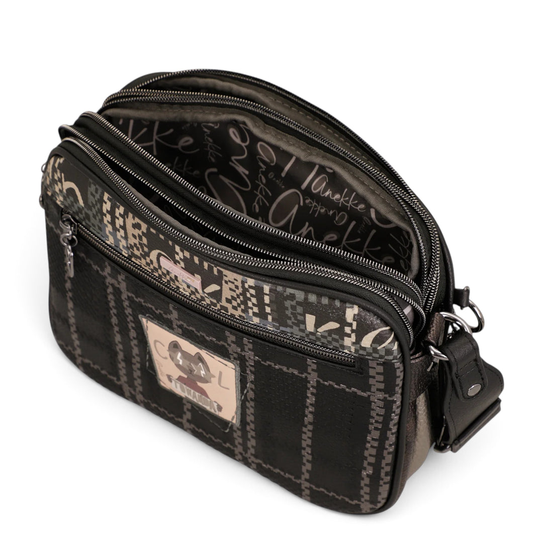ada-shoes.ro Anekke crossbody bag in dark tones with three zippered compartments and decorative patterned print