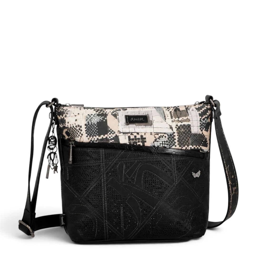 ada-shoes.ro Anekke crossbody bag in black and patterned synthetic leather with adjustable strap and zip closure