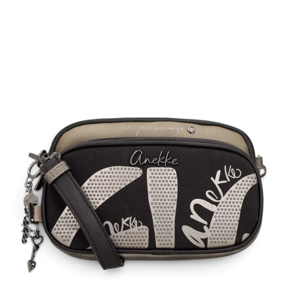 ada-shoes.ro Anekke Essence crossbody bag in taupe and black with decorative metallic lettering and adjustable strap.