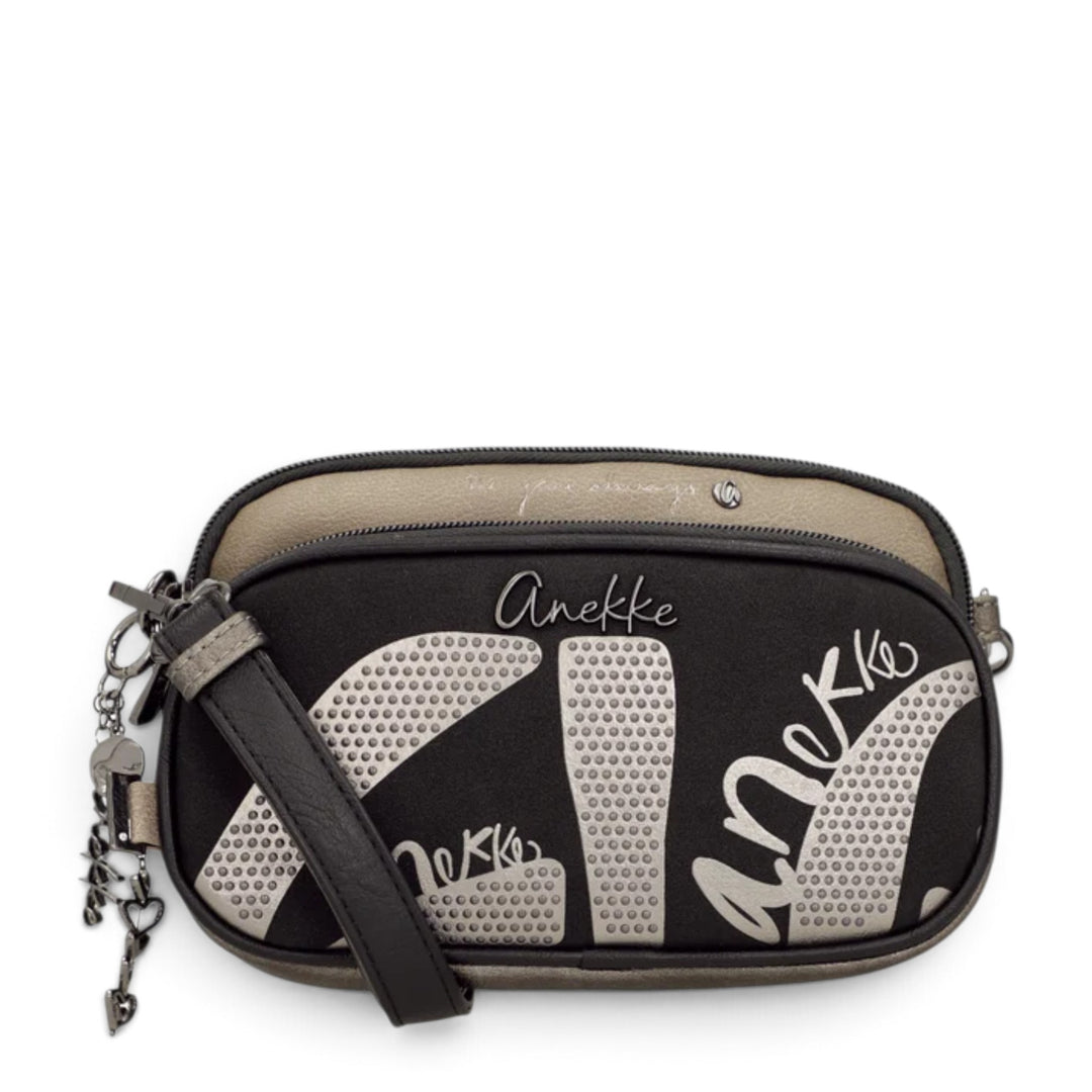 ada-shoes.ro Anekke Essence crossbody bag in taupe and black with decorative metallic lettering and adjustable strap.