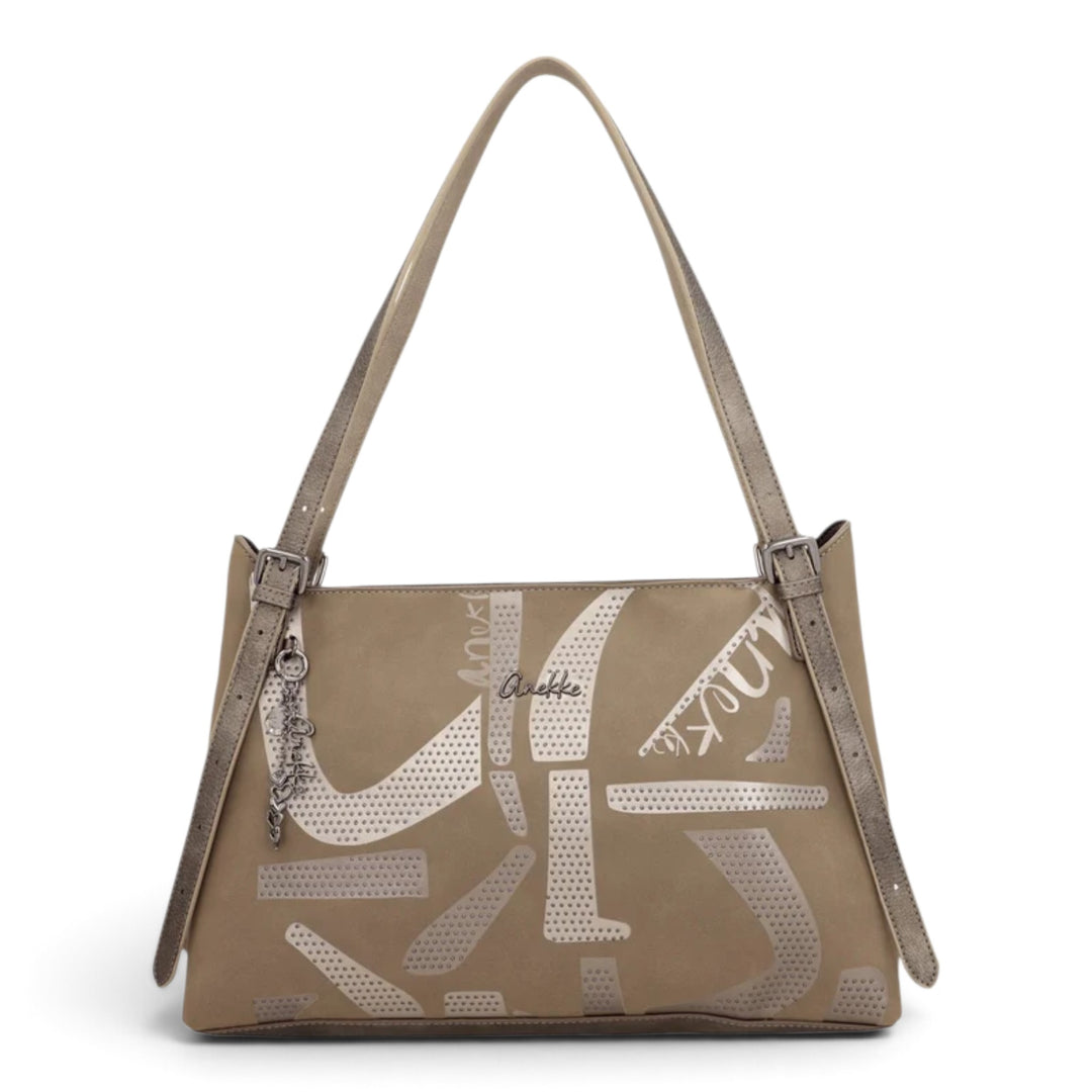 ada-shoes.ro Anekke Essence taupe shoulder bag with decorative perforated graphic pattern and dual carry straps.