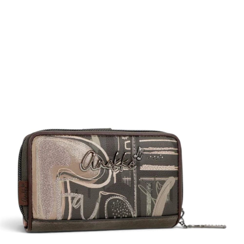 ada-shoes.ro Anekke medium wallet in brown, beige, and green faux leather with decorative artistic patterns and zip