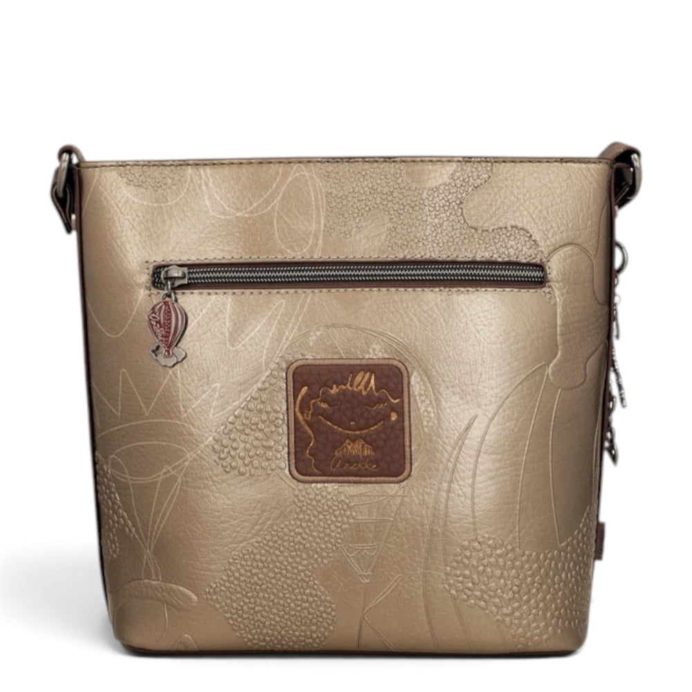 ada-shoes.ro Anekke crossbody bag in metallic gold with embossed patterns, rear zipper pocket, and decorative charm.