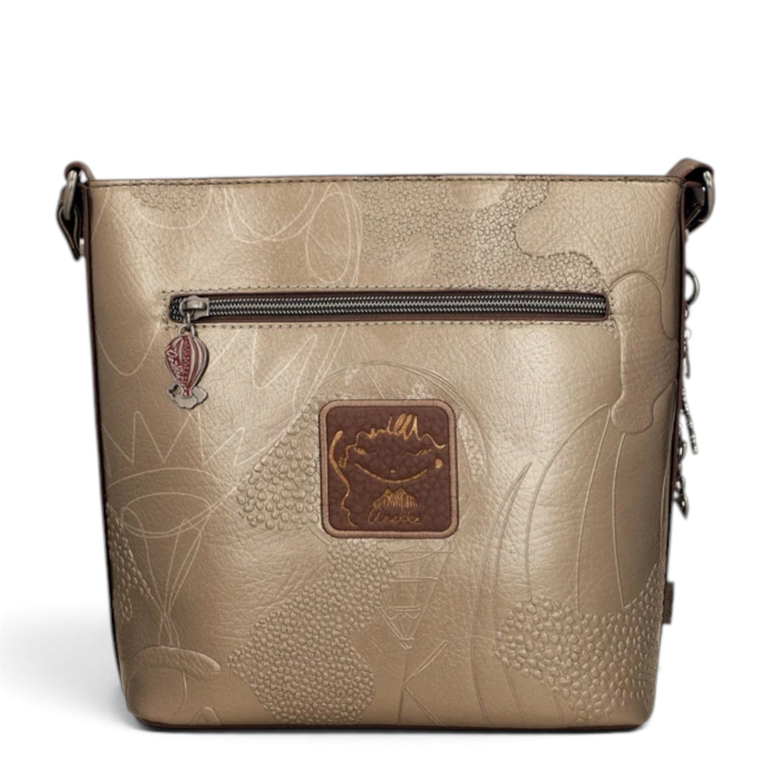 ada-shoes.ro Anekke crossbody bag in metallic gold with embossed patterns, rear zipper pocket, and decorative charm.