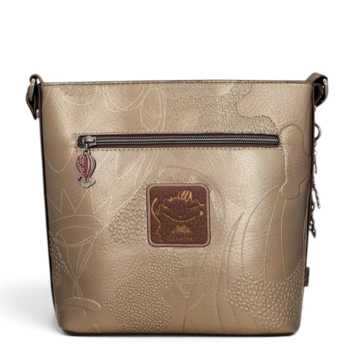 ada-shoes.ro Anekke crossbody bag in metallic gold with embossed patterns, rear zipper pocket, and decorative charm.