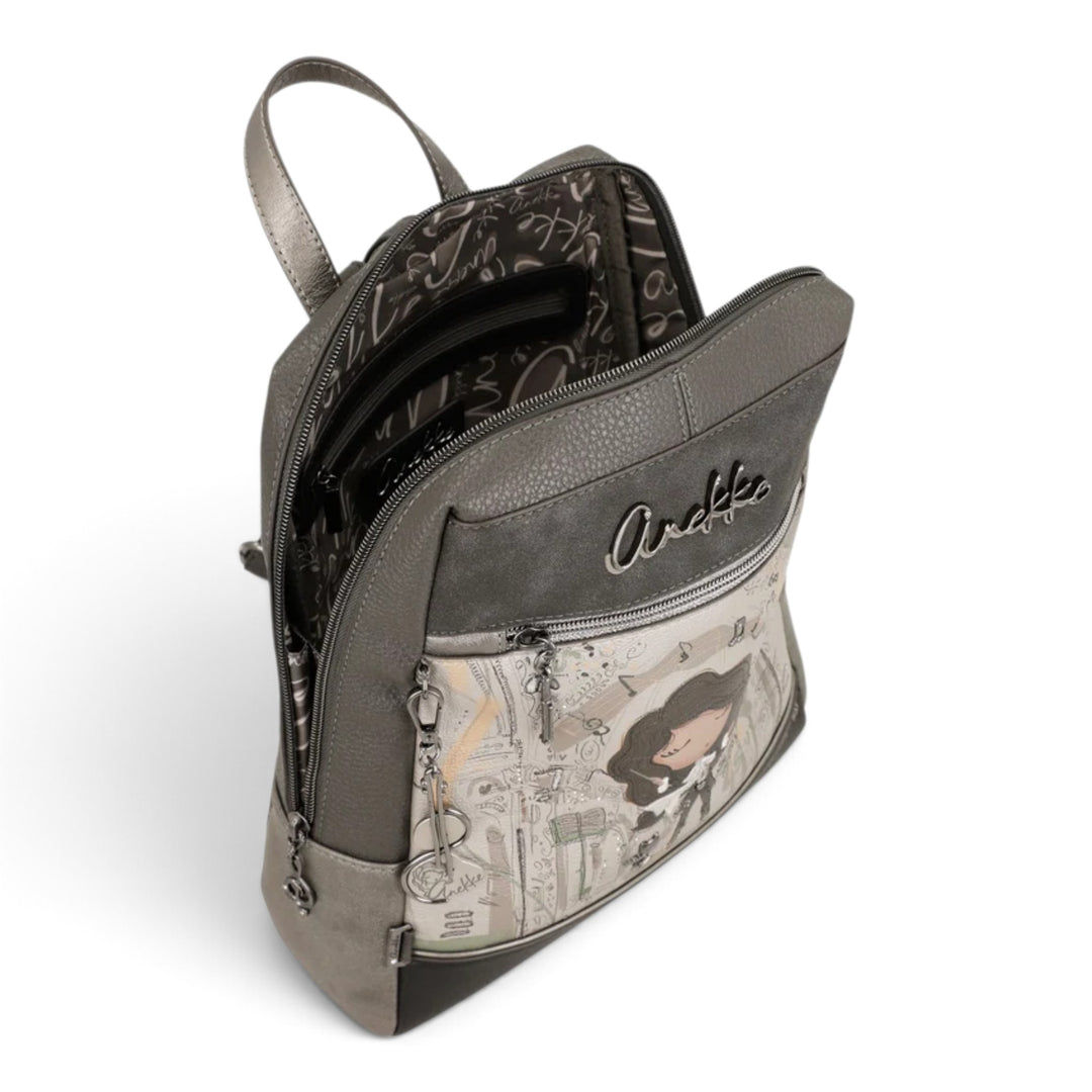 ada-shoes.ro Anekke casual backpack in grey and taupe with artistic music-themed print and zip closure