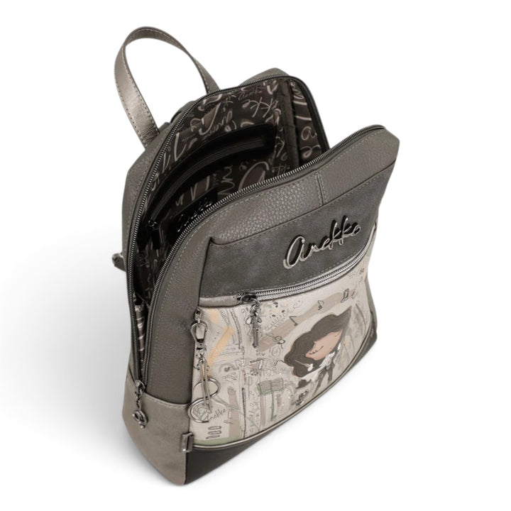 ada-shoes.ro Anekke casual backpack in grey and taupe with artistic music-themed print and zip closure