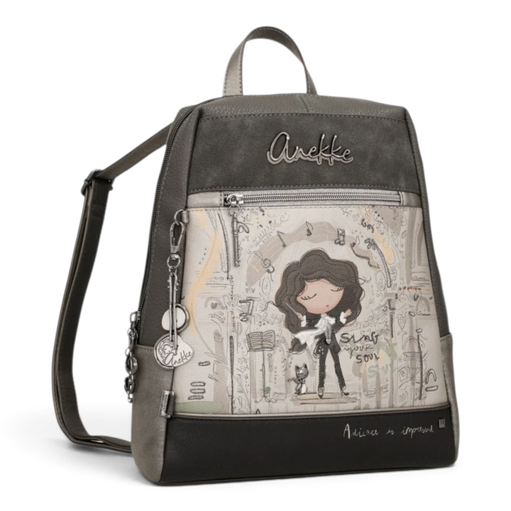 ada-shoes.ro Anekke casual backpack in grey and taupe with artistic music-themed print and adjustable straps.