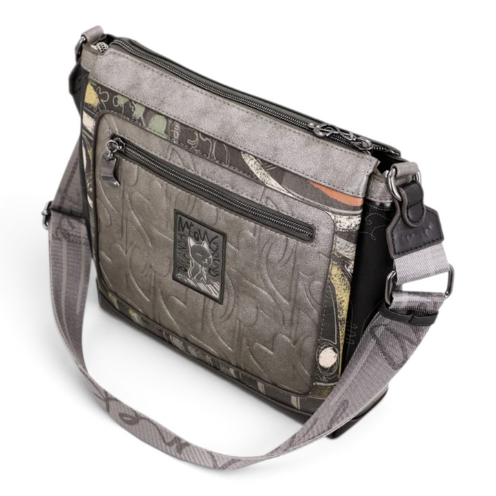 ada-shoes.ro Anekke crossbody bag in grey with artistic patterns, multiple zip compartments, and adjustable strap.