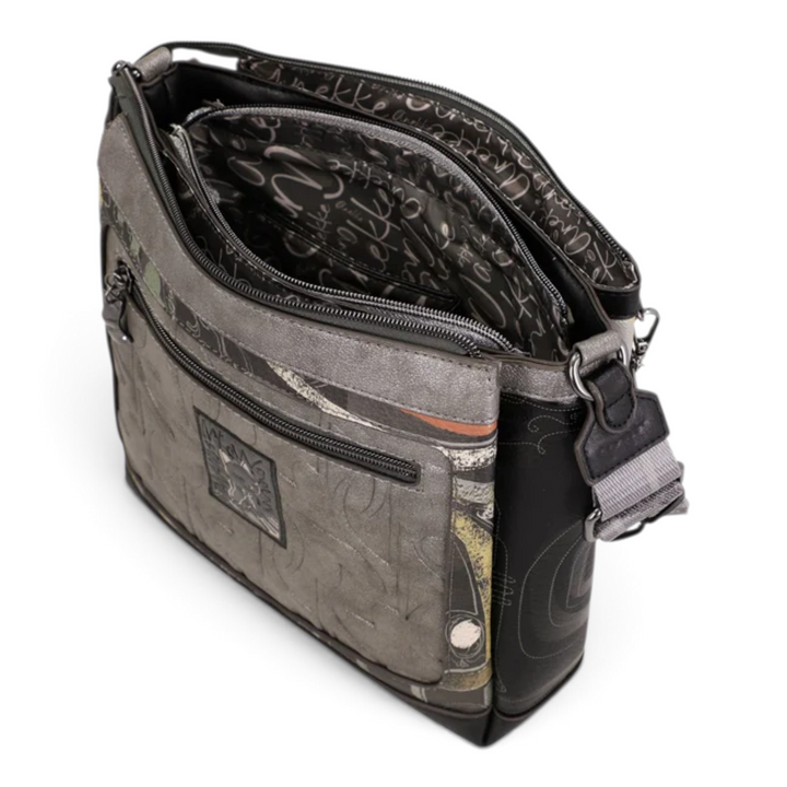 ada-shoes.ro Anekke crossbody bag in grey with three zipped compartments, patterned lining, and adjustable strap.