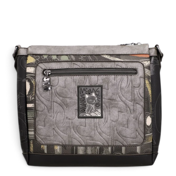 ada-shoes.ro Anekke crossbody bag in grey with artistic patterns, cat motif, and multiple zip compartments.