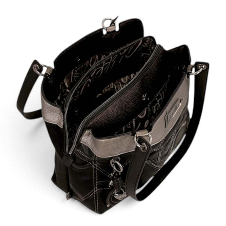 ada-shoes.ro Anekke handbag with three zippered compartments, black and metallic synthetic material, and interior lining.