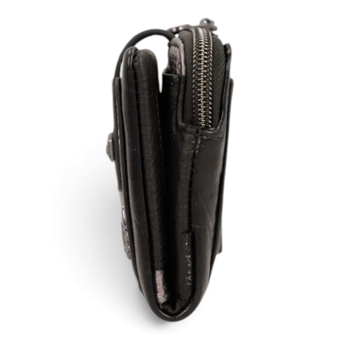 ada-shoes.ro Anekke Iron RFID wallet in black PU leather, side view showing zipper compartment and flap closure.