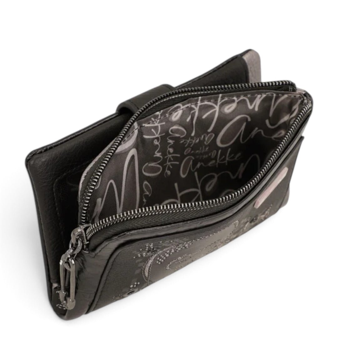 ada-shoes.ro Anekke Iron compact wallet in black PU leather with RFID protection, zipper coin pocket, and printed lining.