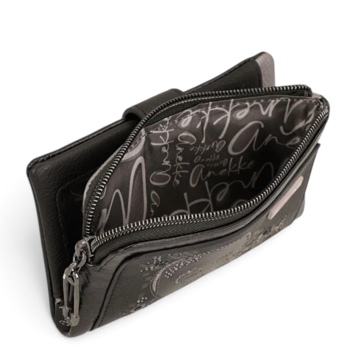 ada-shoes.ro Anekke Iron compact wallet in black PU leather with RFID protection, zipper coin pocket, and printed lining.