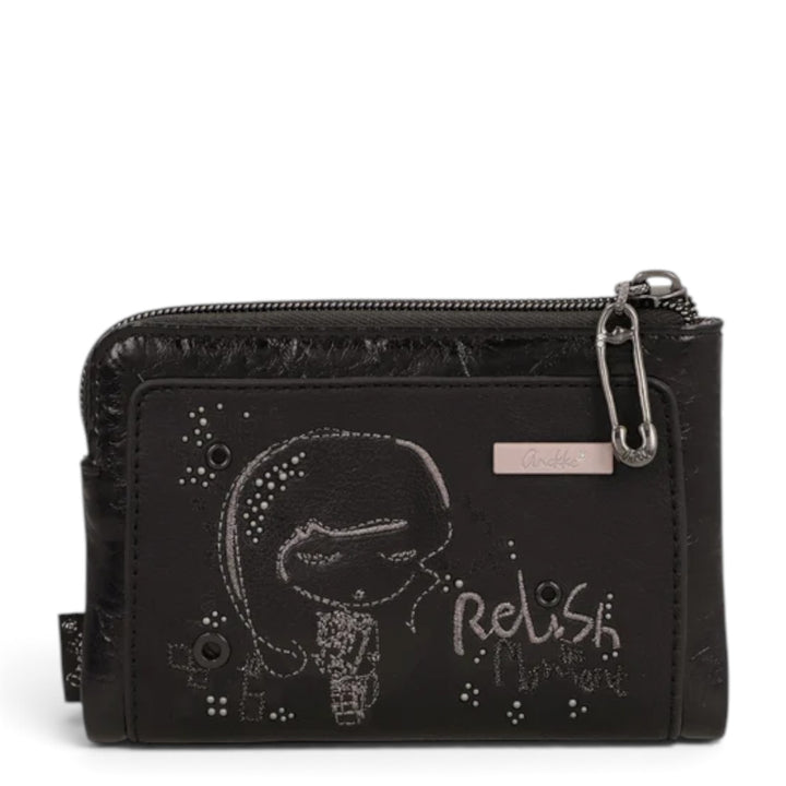 ada-shoes.ro Anekke Iron black PU wallet with RFID protection, featuring a decorative graphic and zipper closure.