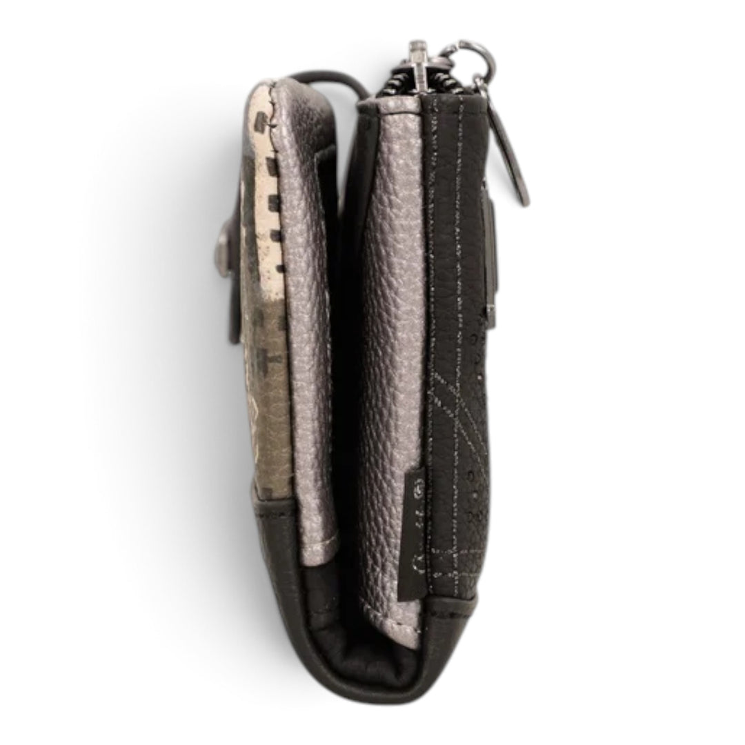 ada-shoes.ro Anekke Iron RFID wallet in metallic grey and black faux leather with a side view showing compartments