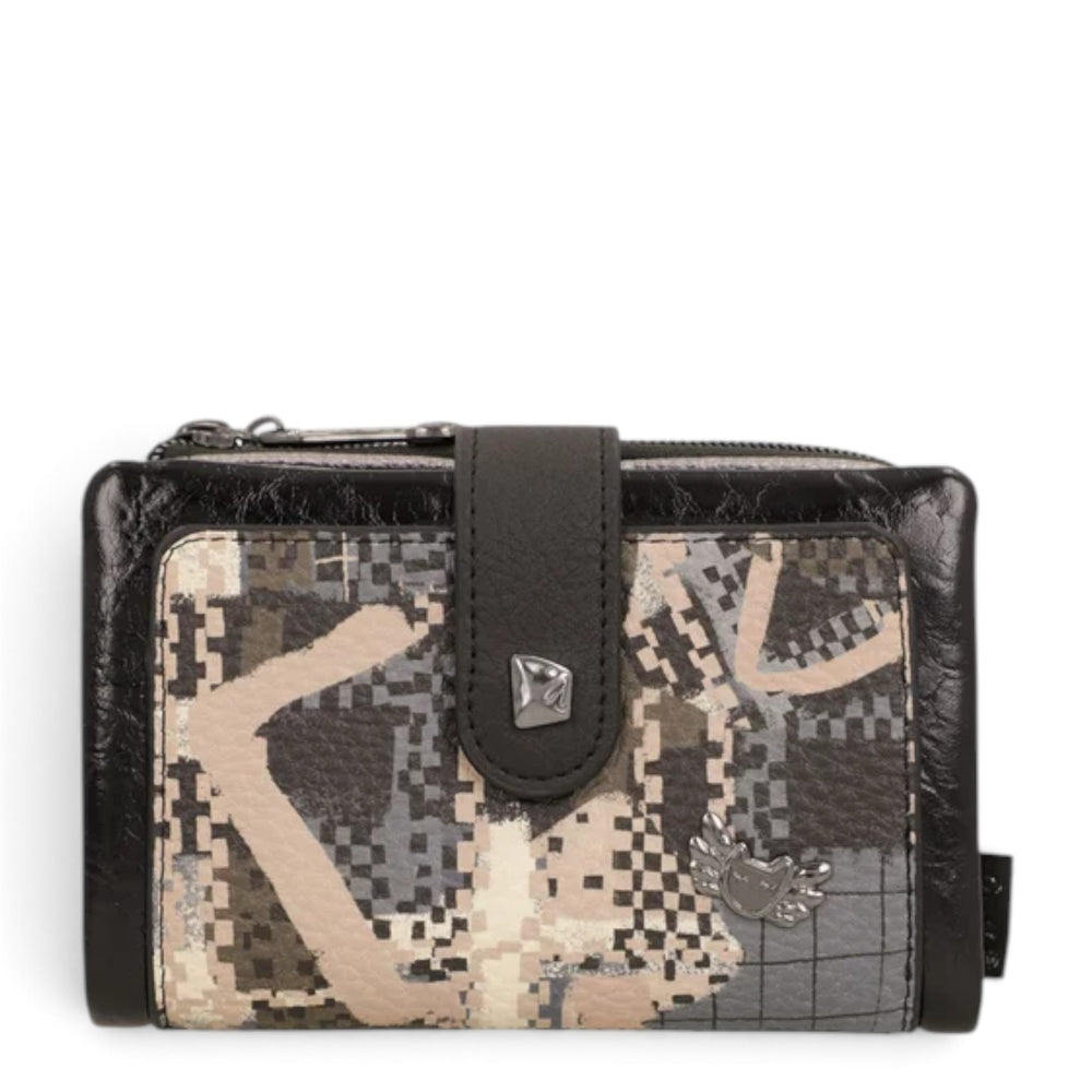 ada-shoes.ro Anekke Iron RFID wallet in black and grey with a patterned design, flap closure, and metal logo detail.