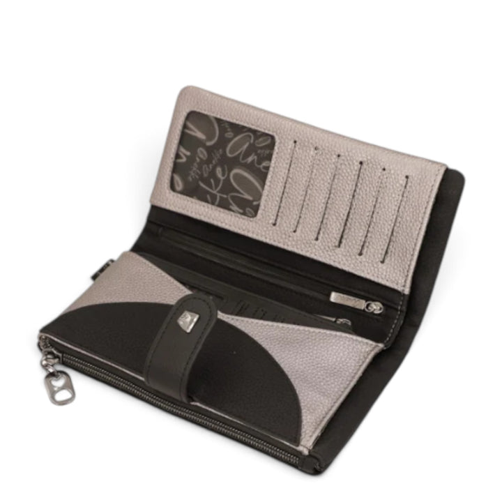 ada-shoes.ro Anekke Iron RFID wallet in grey and black faux leather with multiple card slots and zippered coin pocket.