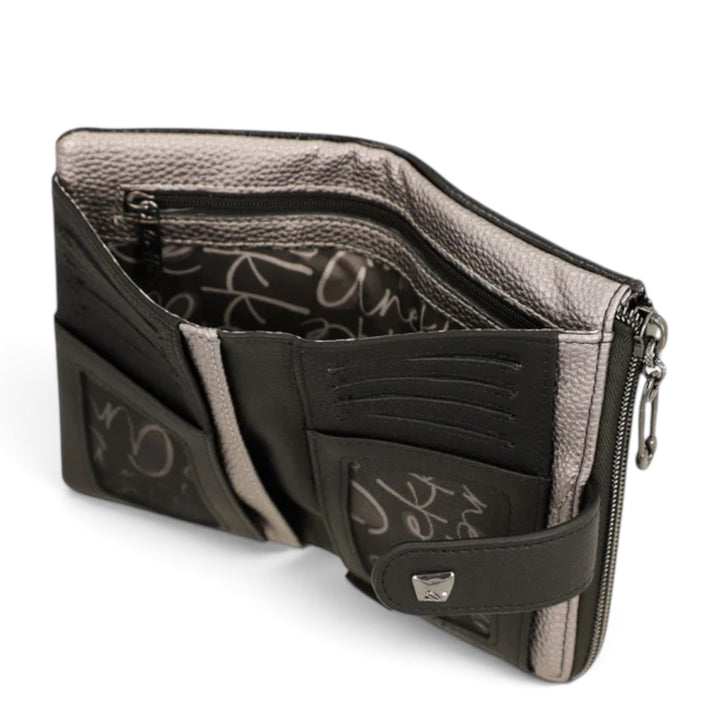 ada-shoes.ro Anekke Iron RFID wallet in metallic grey and black PU leather with multiple card slots and zip coin pocket