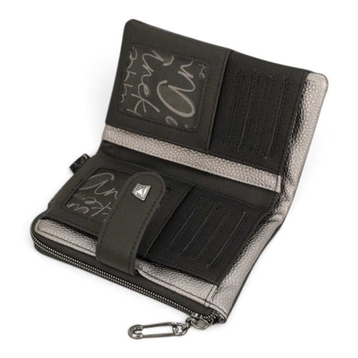 ada-shoes.ro Anekke Iron RFID wallet in black and metallic grey PU leather with card slots and zipper coin pocket