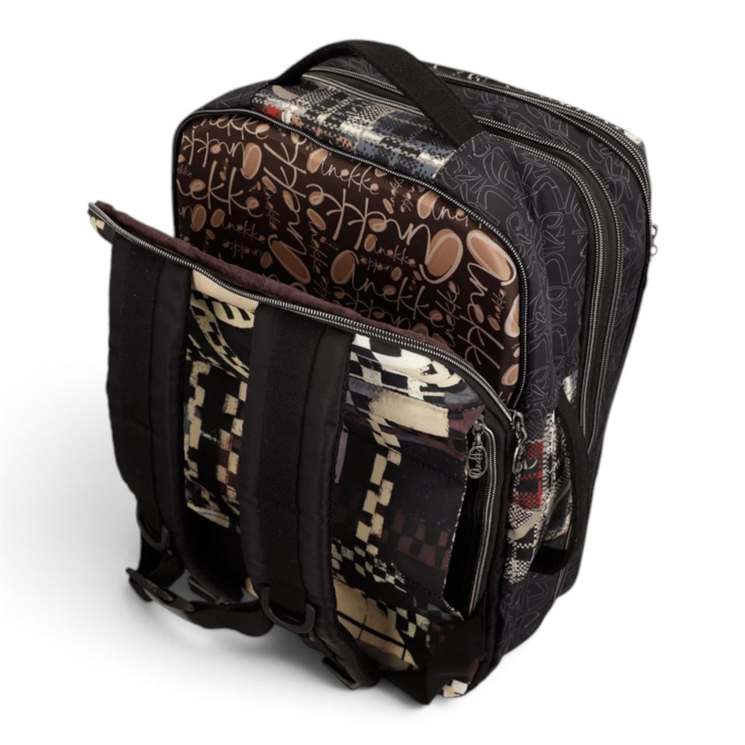 ada-shoes.ro Anekke Iron travel backpack with suitcase-style opening, padded straps, and patterned polyester fabric.