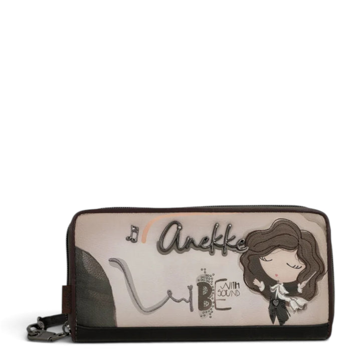 ada-shoes.ro Anekke Love wallet with feminine illustration, zip closure, and wrist strap in beige and dark brown PU