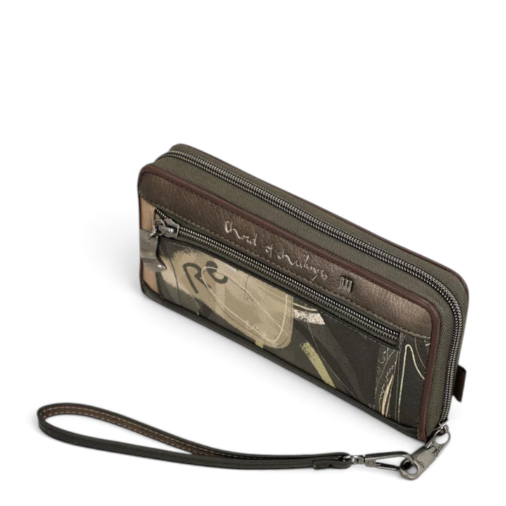 ada-shoes.ro Anekke Love wallet in olive and brown tones with artistic illustrations, zipper closure, and wrist strap.