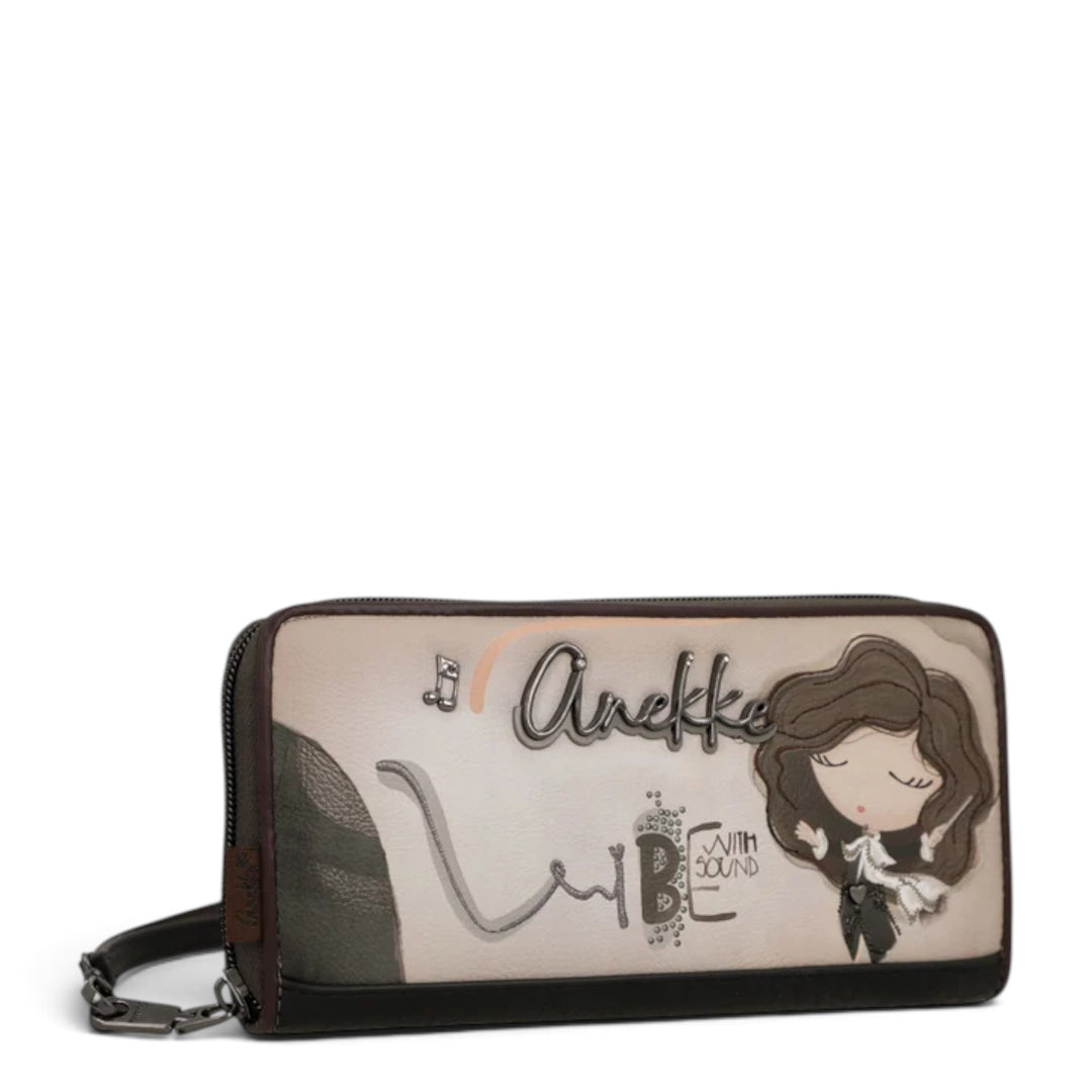 ada-shoes.ro Anekke Love wallet with feminine illustration, zip closure, and wrist strap in beige and brown synthetic leather