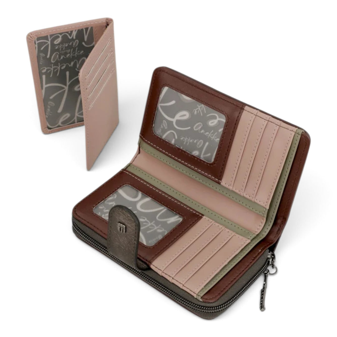 ada-shoes.ro Anekke medium wallet in brown, beige, and green faux leather with card slots and a zipped coin pocket.