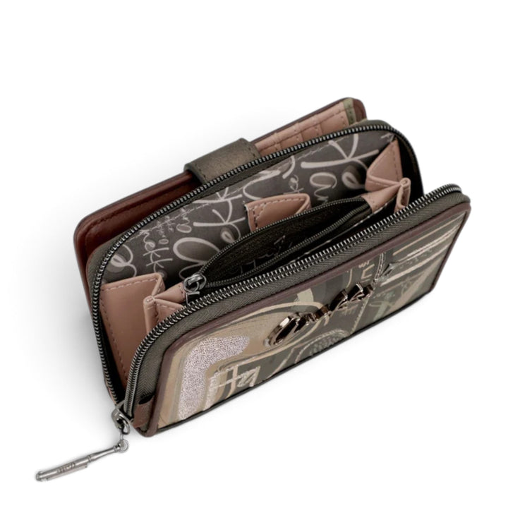 ada-shoes.ro Anekke medium wallet in brown, beige, and green with zip and flap compartments and patterned lining