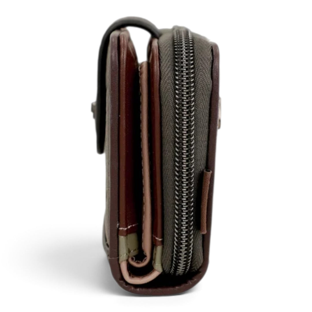 ada-shoes.ro Anekke medium wallet in brown, beige, and green faux leather with a side view of zip and flap closure
